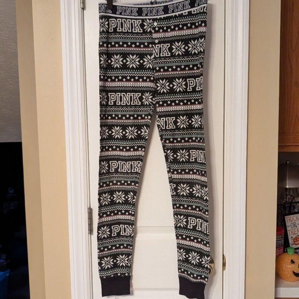 Vintage VS PINK Fair Isle Snowflake Thermal Leggings Y2K Logo Waistband Pajama